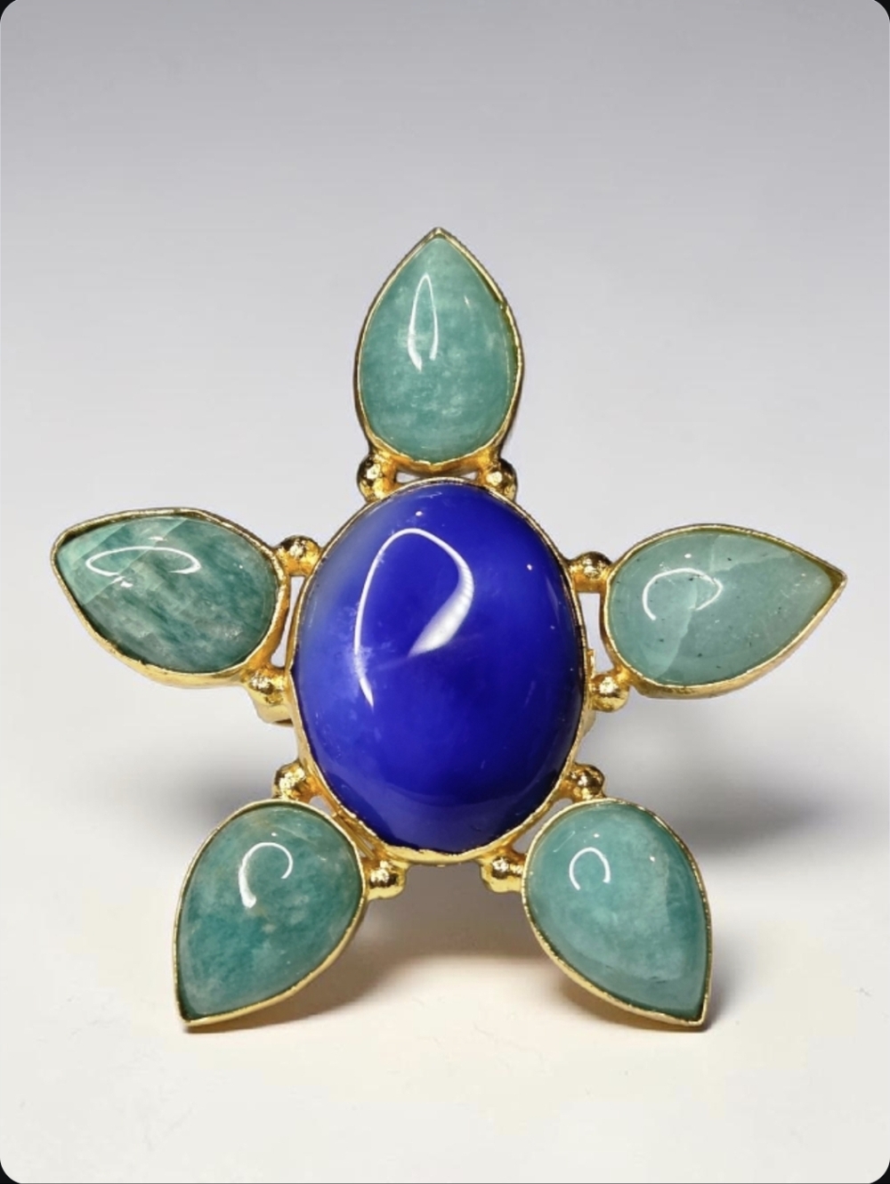 Huge 18k Gold Plated Artisan Blue Agate Amazonite Stone Crystal Star Ring